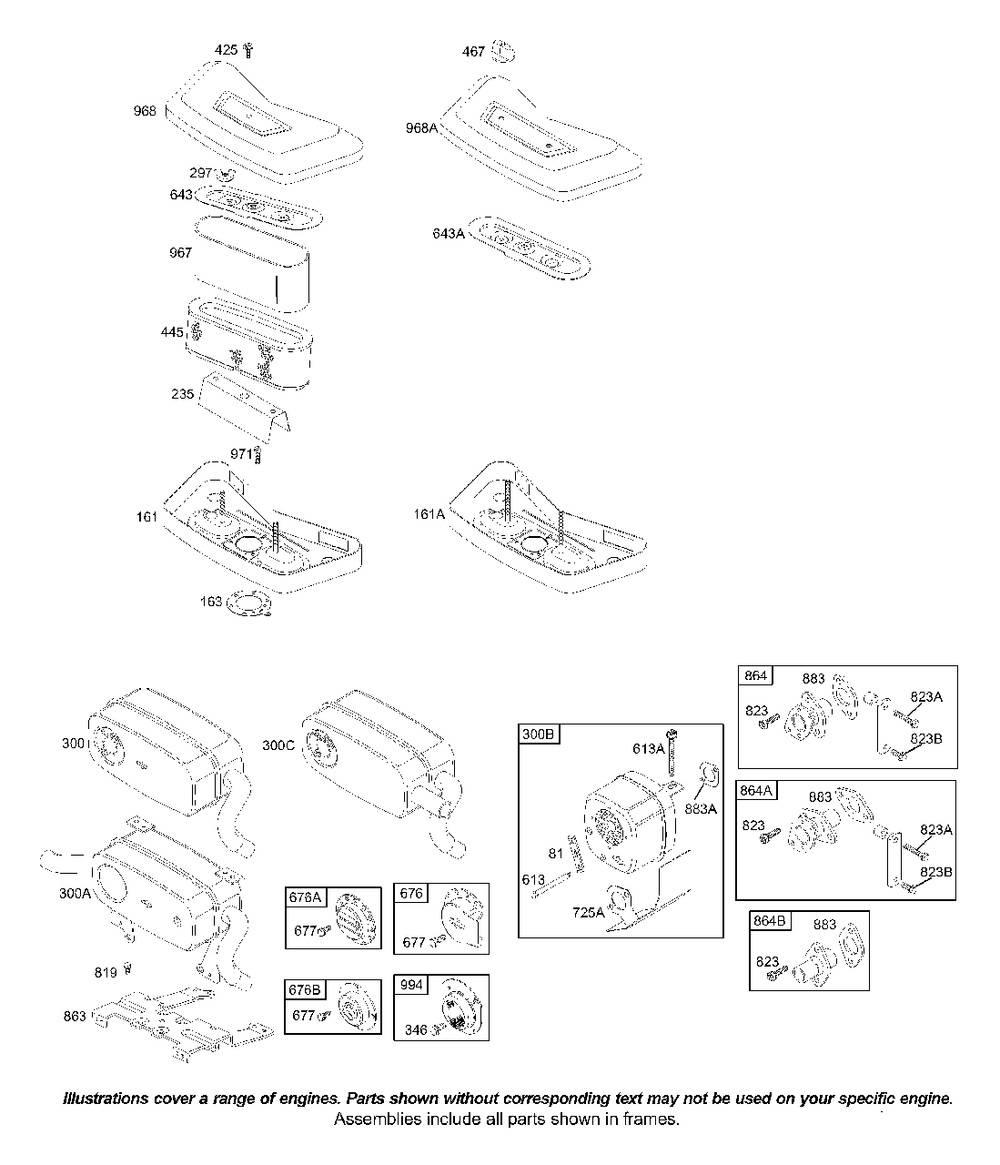 Air Cleaner, Muffler Diagram and Parts List for 42B707-1116-XX  Briggs and Stratton Engine